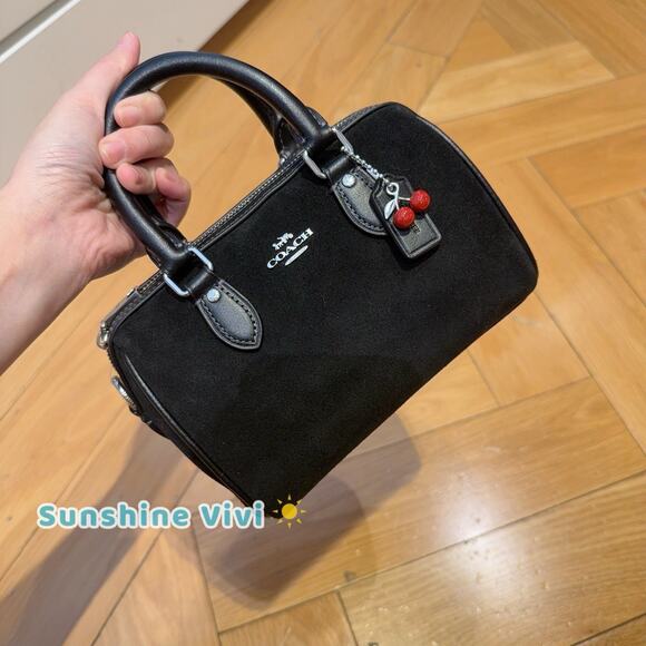 NWT Coach Mini Rowan Crossbody Bag With Cherry Charm In Suede/Sv/Black CDC93 - Picture 7 of 9